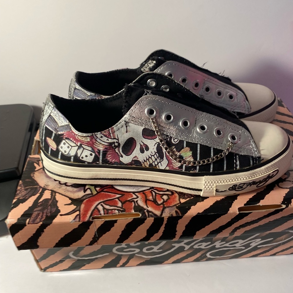 GONE … Ed Hardy Skull Canvas Sneakers Black and White